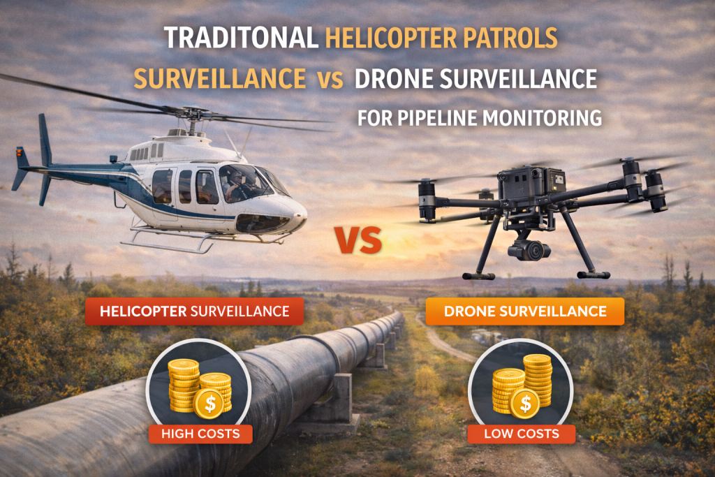 Traditional Helicopter Patrols Surveillance Vs drone surveillance for pipeline monitoring